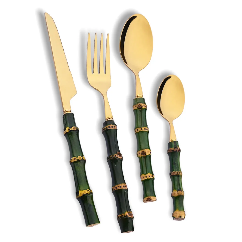 Bamboo Cutlery - 4Pcs Natural Bamboo Handle Dinnerware Set